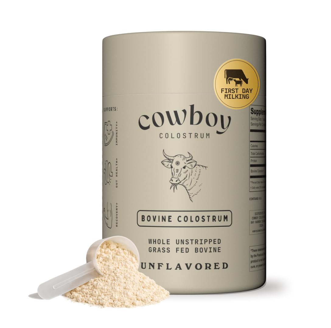 Cowboy Colostrum bottle close-up highlighting first-day milking for bioactive nutrients