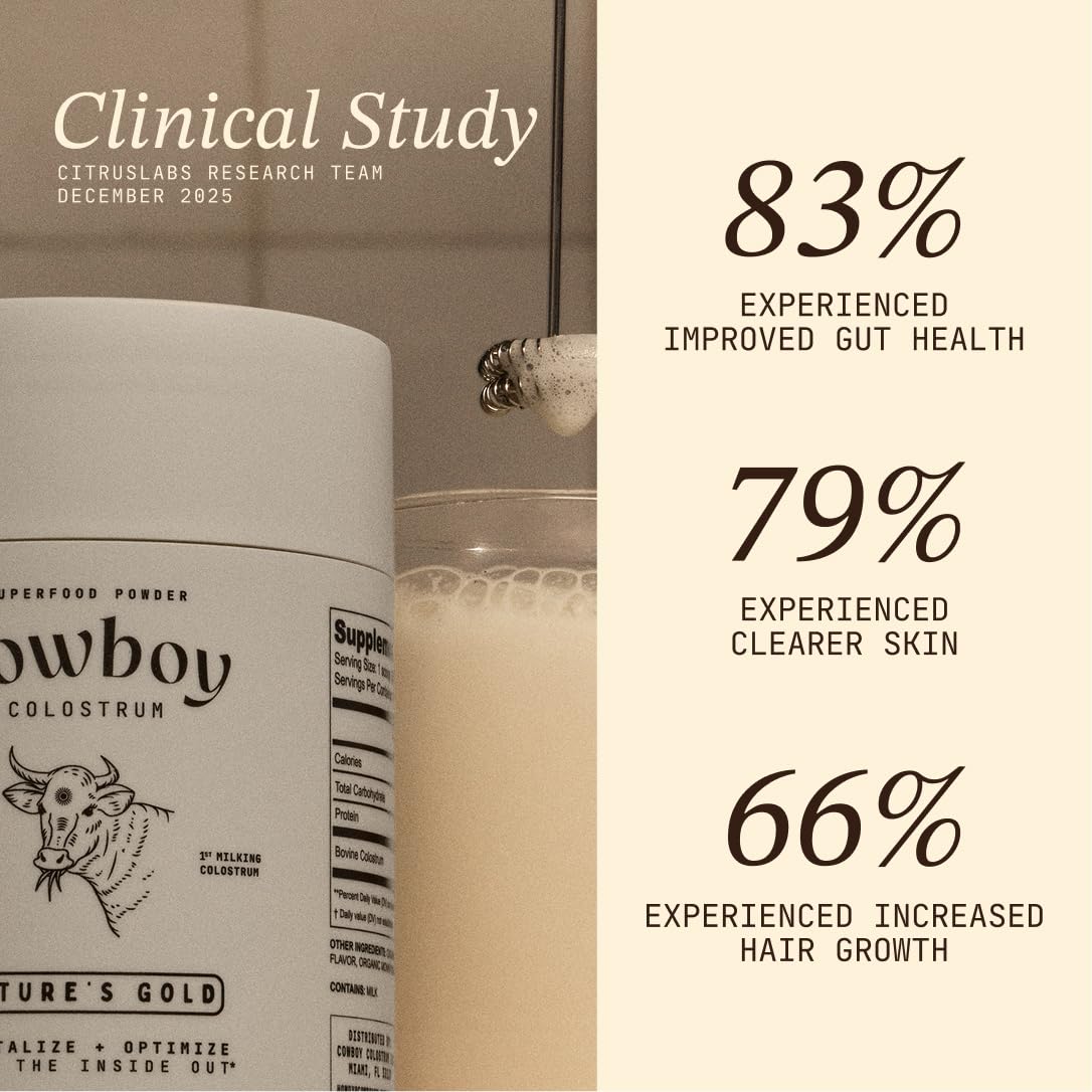 Cowboy Colostrum bottle label emphasizes full-fat formula and grass-fed sourcing
