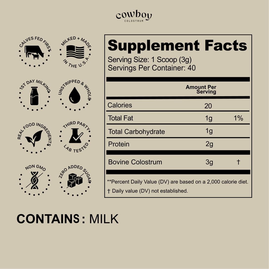 Cowboy Colostrum powder close-up shows fine texture for smooth mixing
