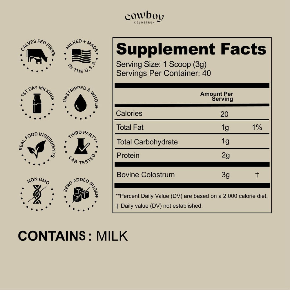 Cowboy Colostrum powder close-up shows fine texture for smooth mixing