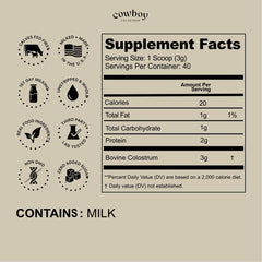Cowboy Colostrum powder close-up shows fine texture for smooth mixing