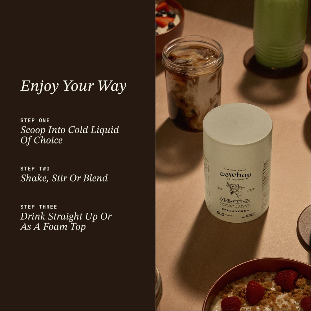 Cowboy Colostrum powder in smoothie glass suggests versatile health-friendly addition