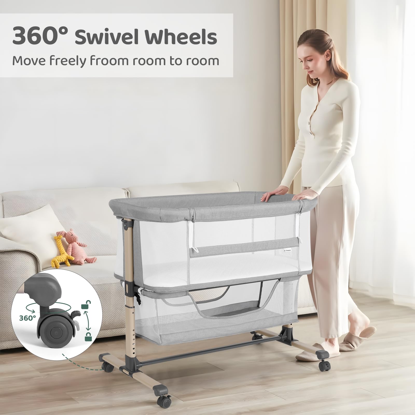 Cowiewie height adjustable design aligns bassinet with your bed