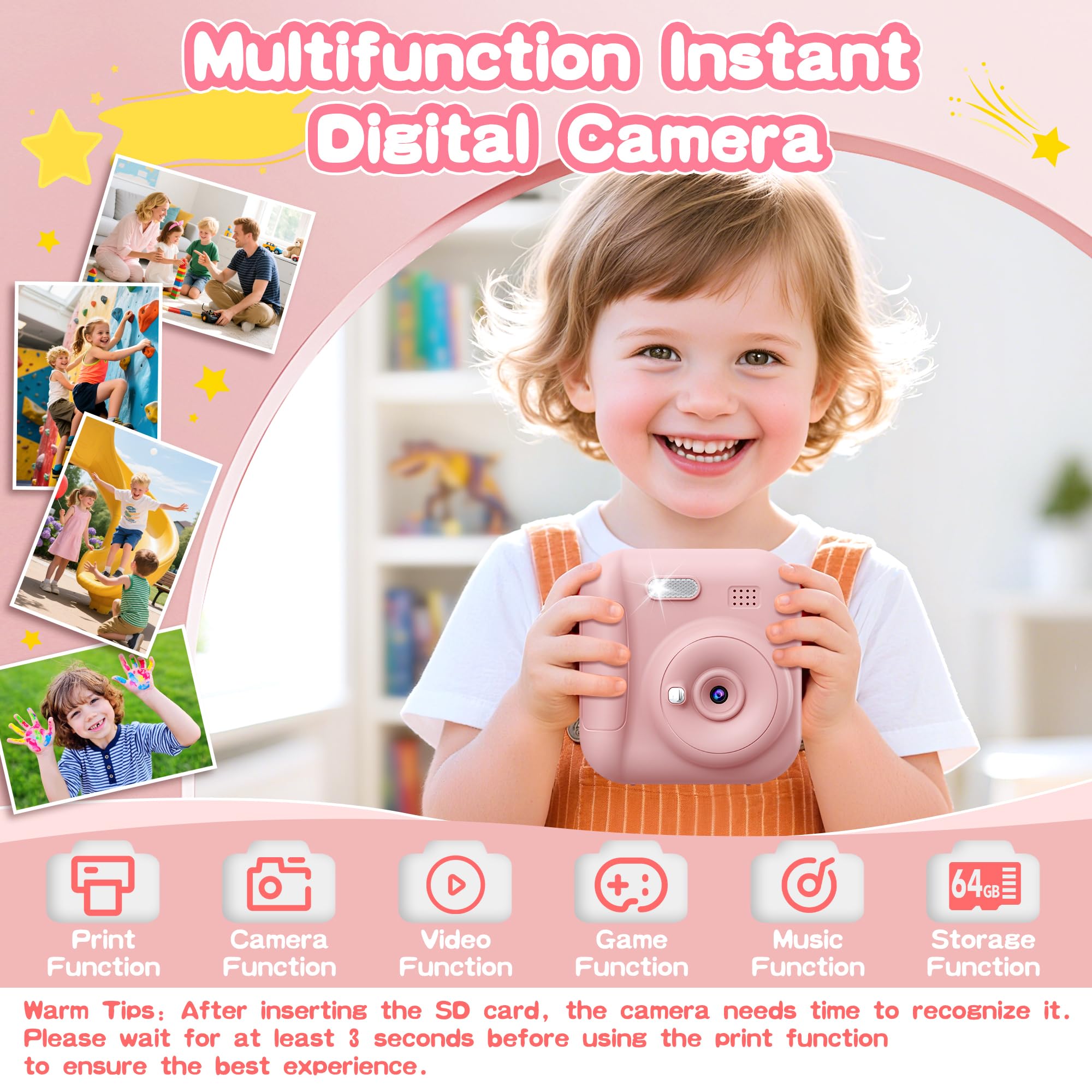 Coxlame Kids Camera Instant Print side pink view showing portability.