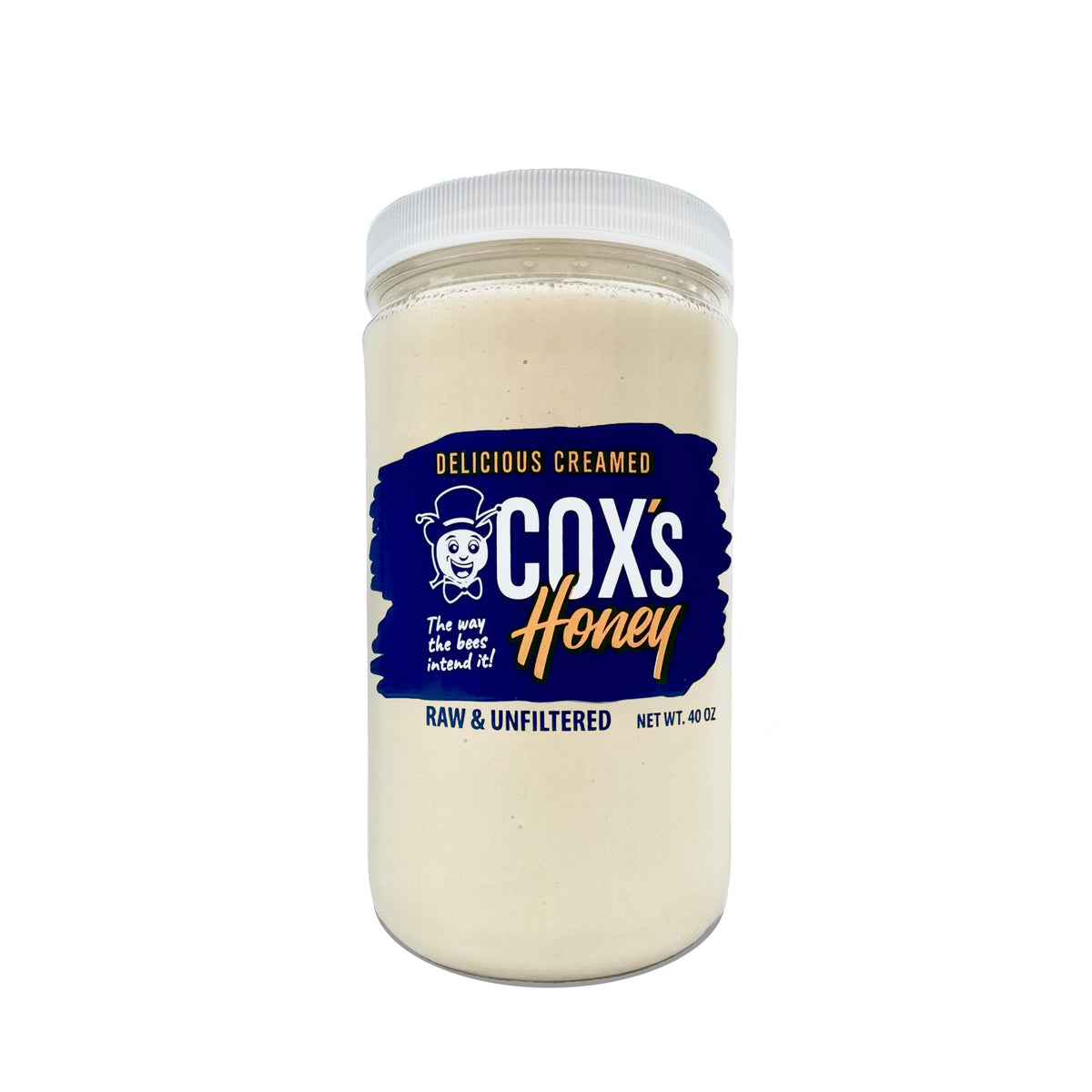 Cox's Honey creamed whipped honey bottle closeup showing smooth spreadability and rich flavor.