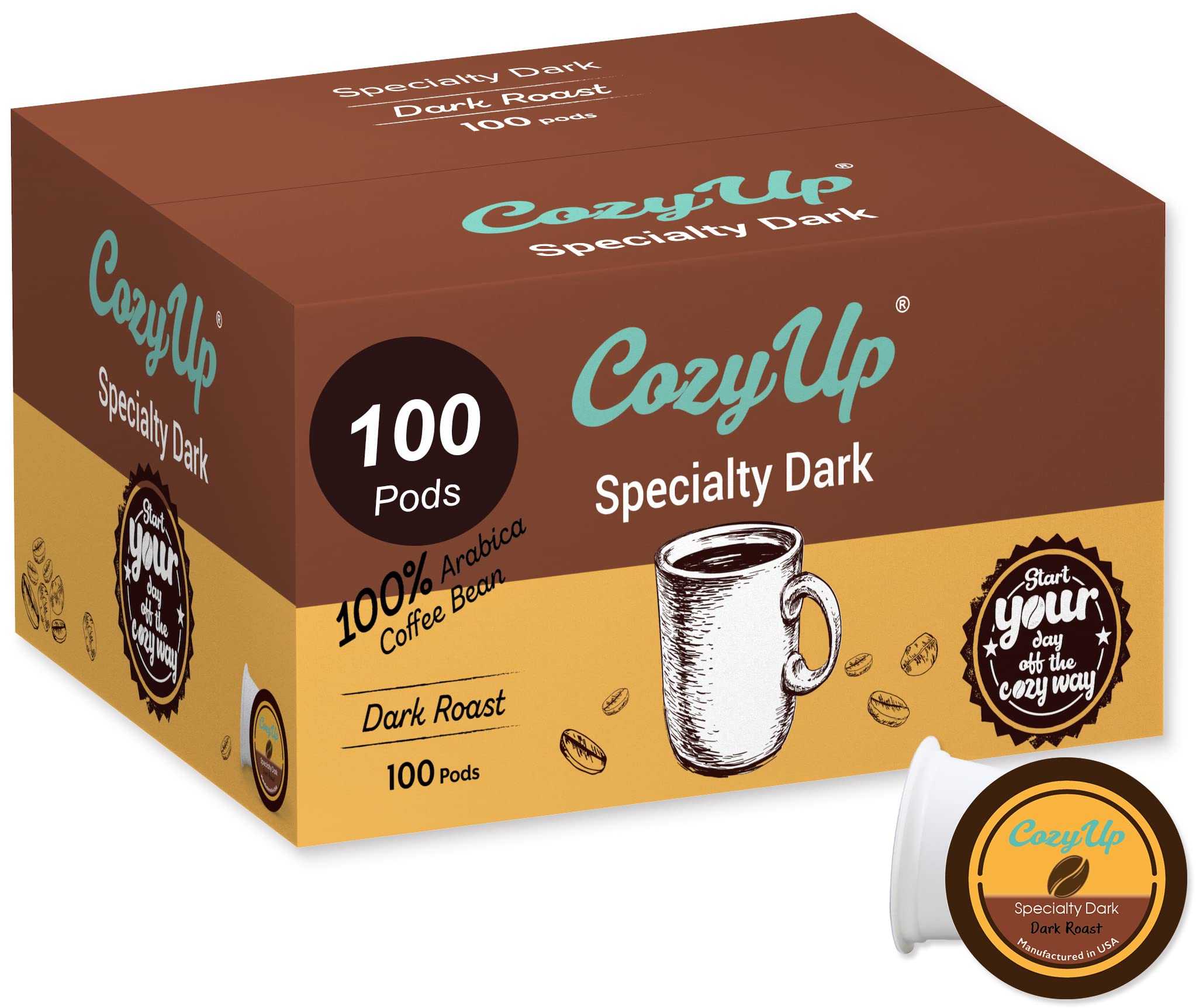Cozy Up dark pods pack ready for Keurig brewers with bold aroma for morning kick.
