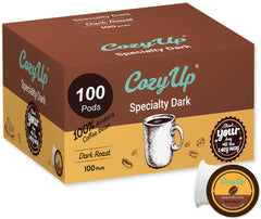 Cozy Up dark pods pack ready for Keurig brewers with bold aroma for morning kick.