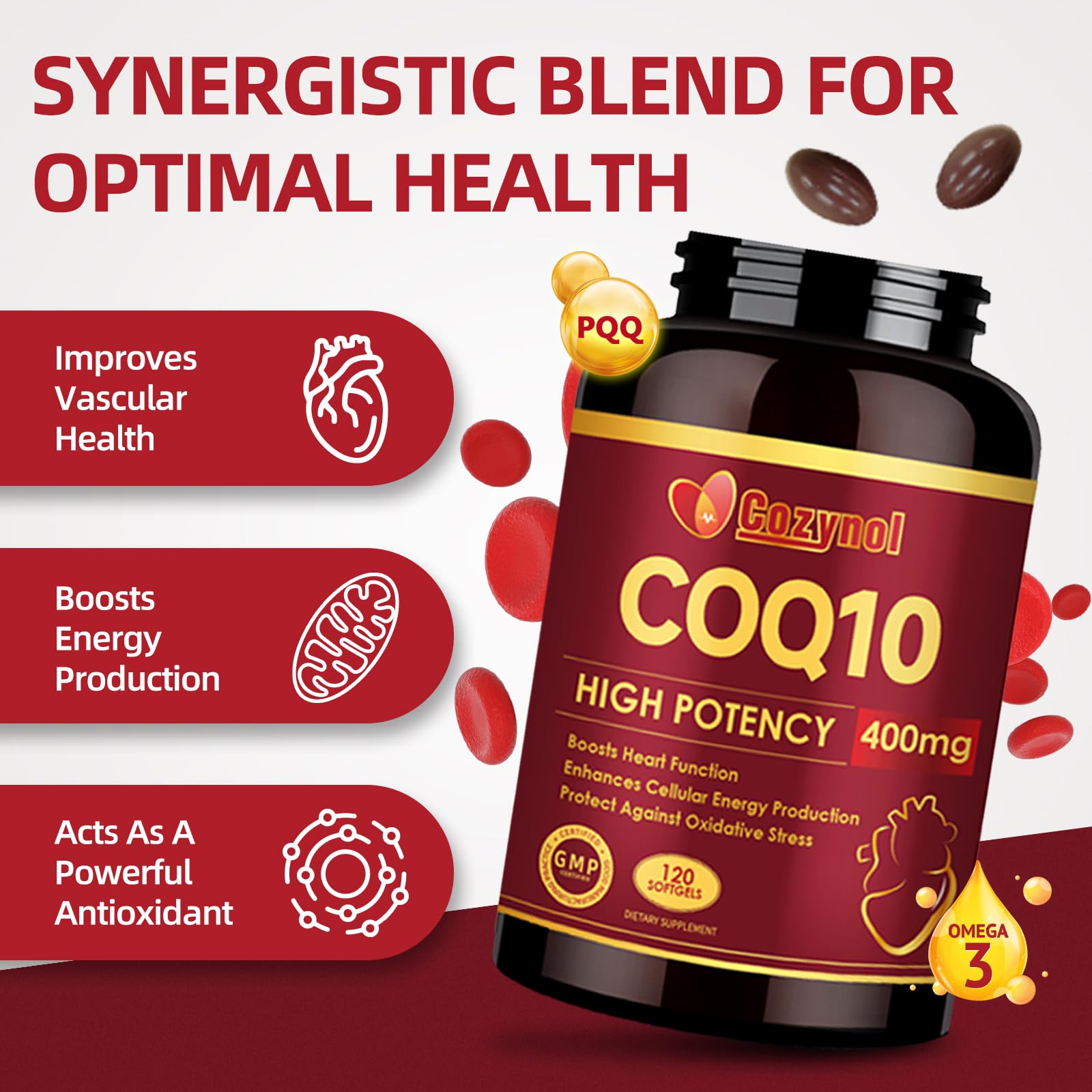Cozynol CoQ10 softgels on wood table conveys a daily wellness routine.