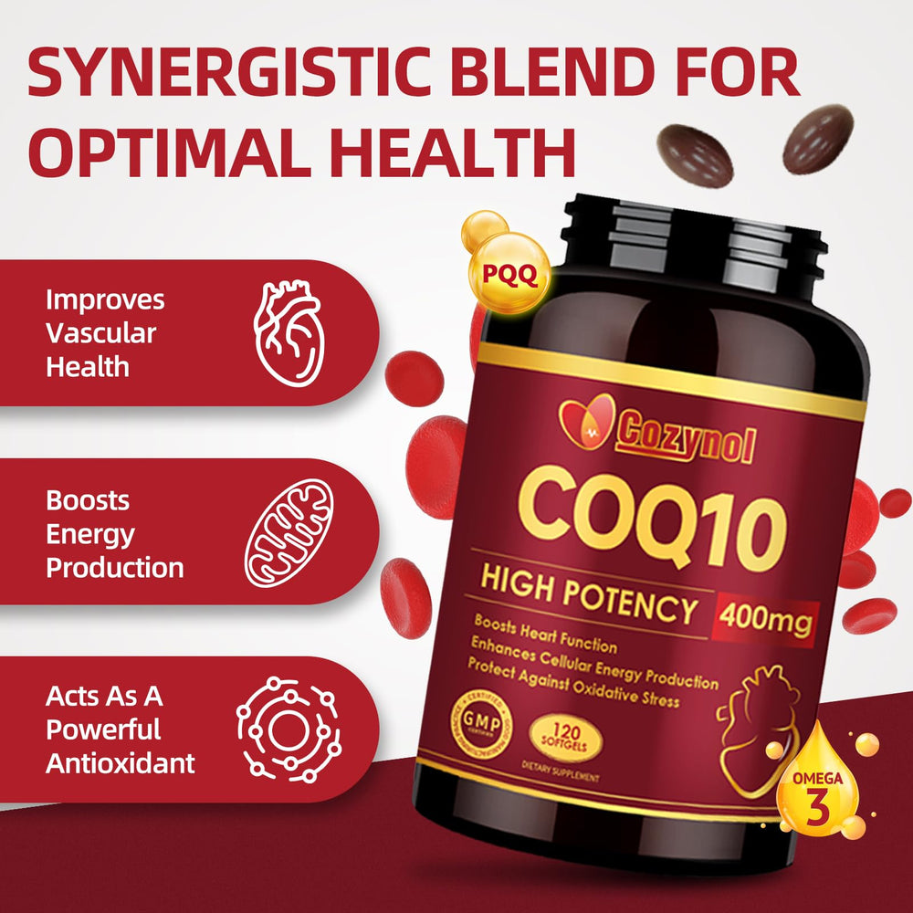Cozynol CoQ10 softgels on wood table conveys a daily wellness routine.