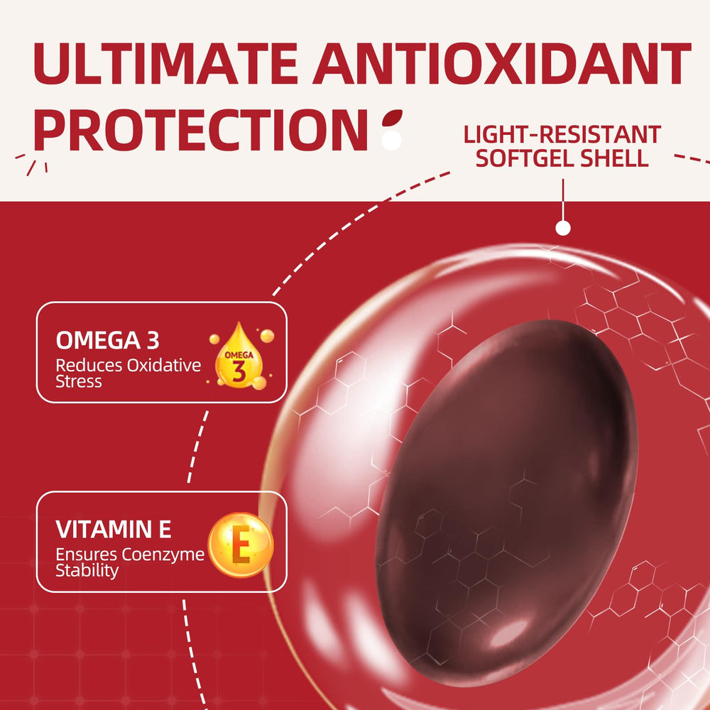 Cozynol CoQ10 softgels near lab notes underscore PQQ support for cellular energy.