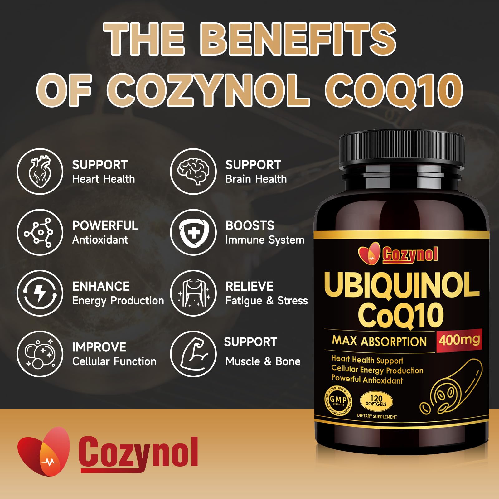 Cozynol CoQ10 with vitamin E and omega-3 for wellness support.