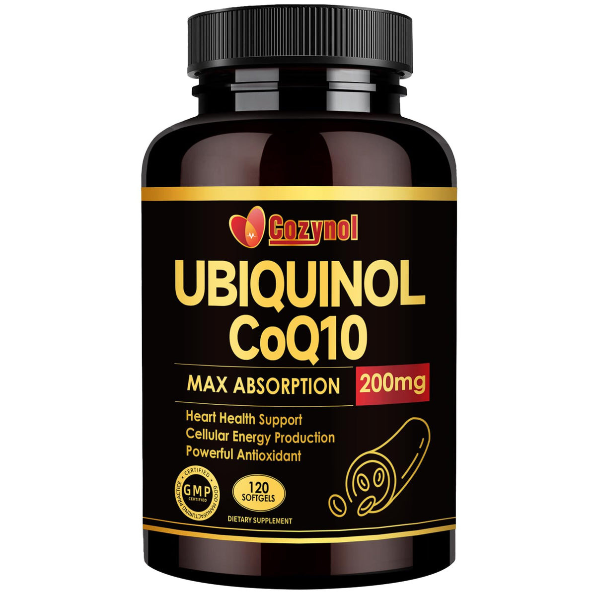 Cozynol ubiquinol CoQ10 softgels bottle shows high absorption formula for daily energy support.