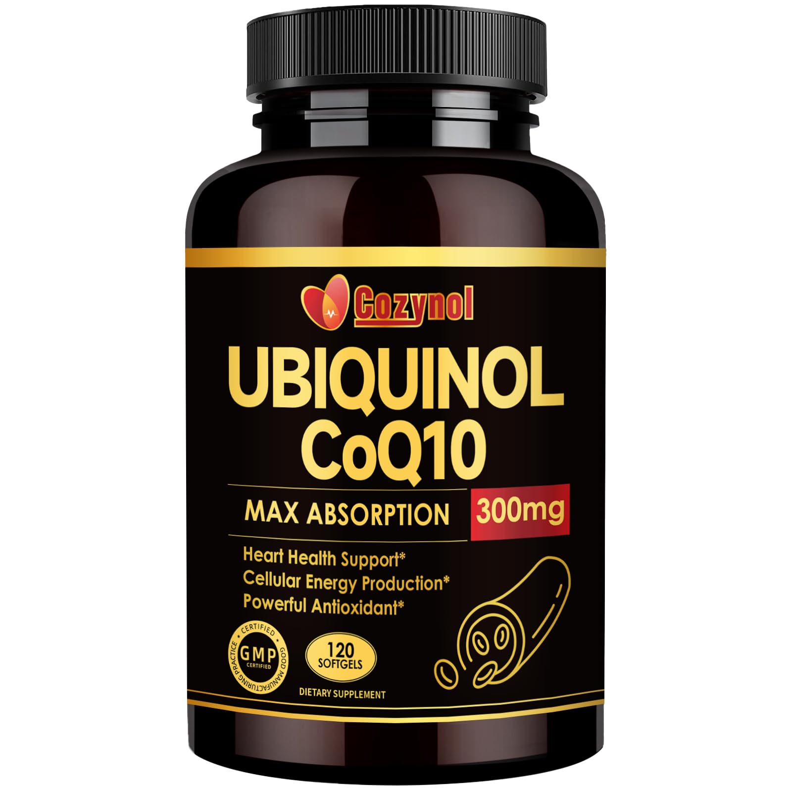 Cozynol ubiquinol 300mg softgel bottle for daily energy support.