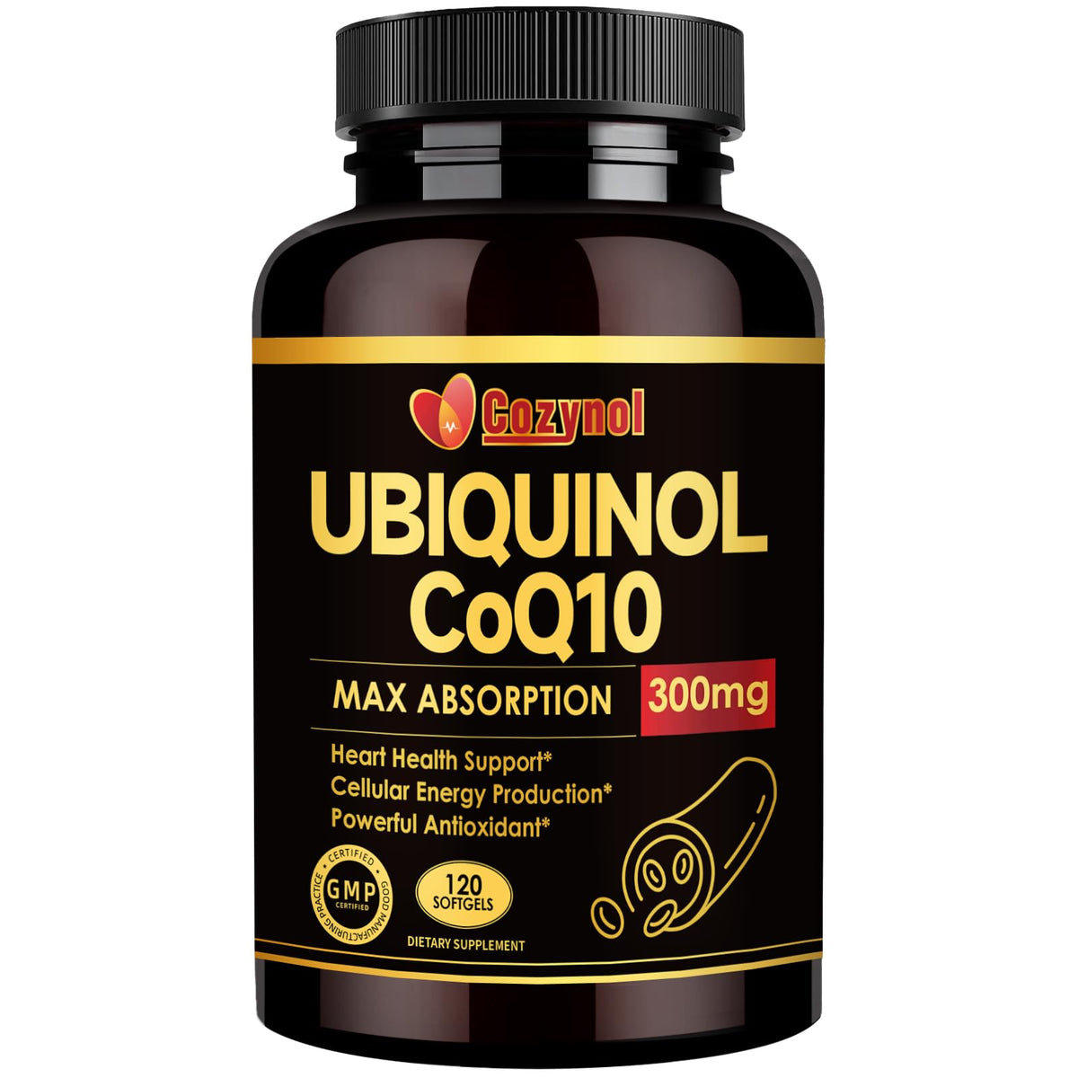 Cozynol ubiquinol 300mg softgel bottle for daily energy support.