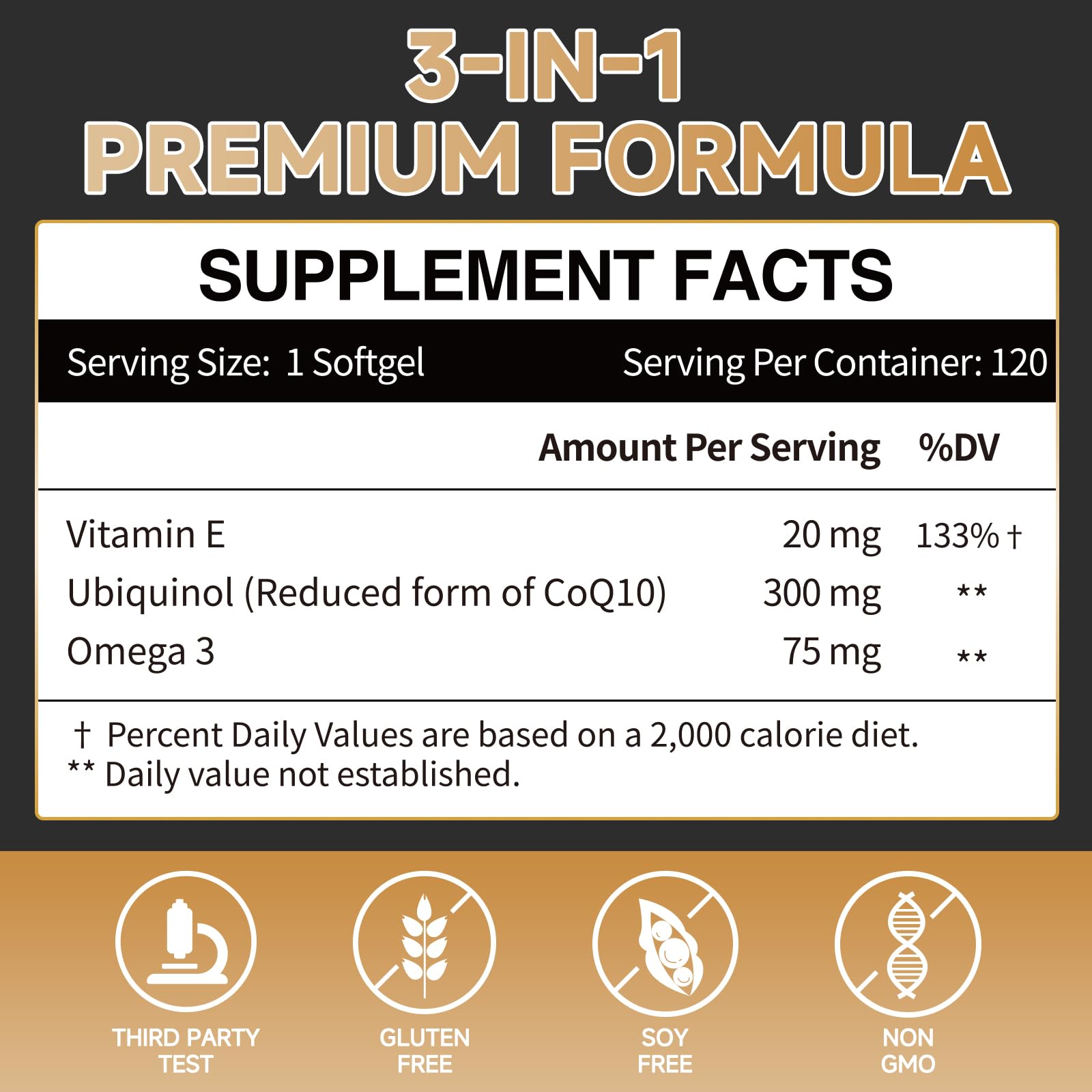 Cozynol ubiquinol 300mg softgel label highlighting ingredients and quality.