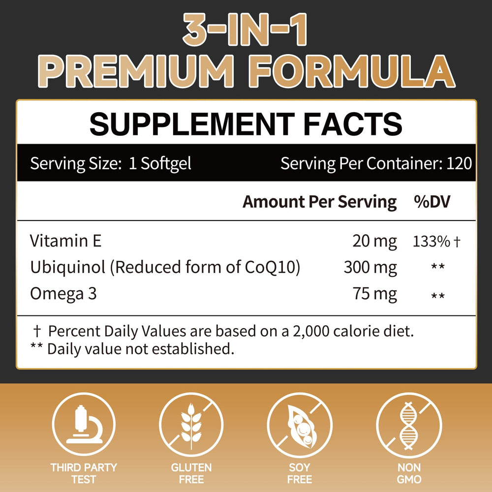 Cozynol ubiquinol 300mg softgel label highlighting ingredients and quality.