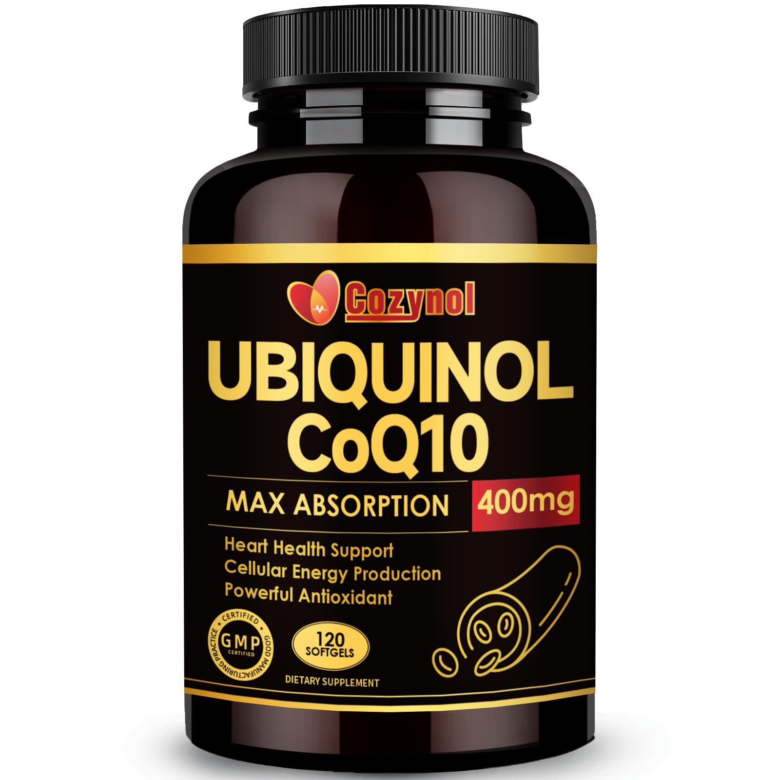 Cozynol Ubiquinol CoQ10 softgels bottle showing the combined antioxidant blend.