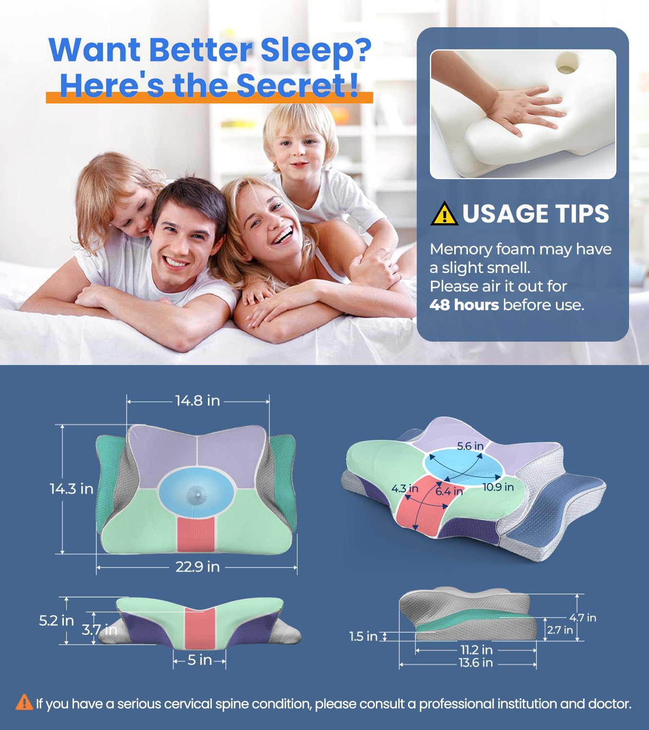 Cozyplayer pillow size 23.2x13.4x5.1 inches for versatile sleep positions.