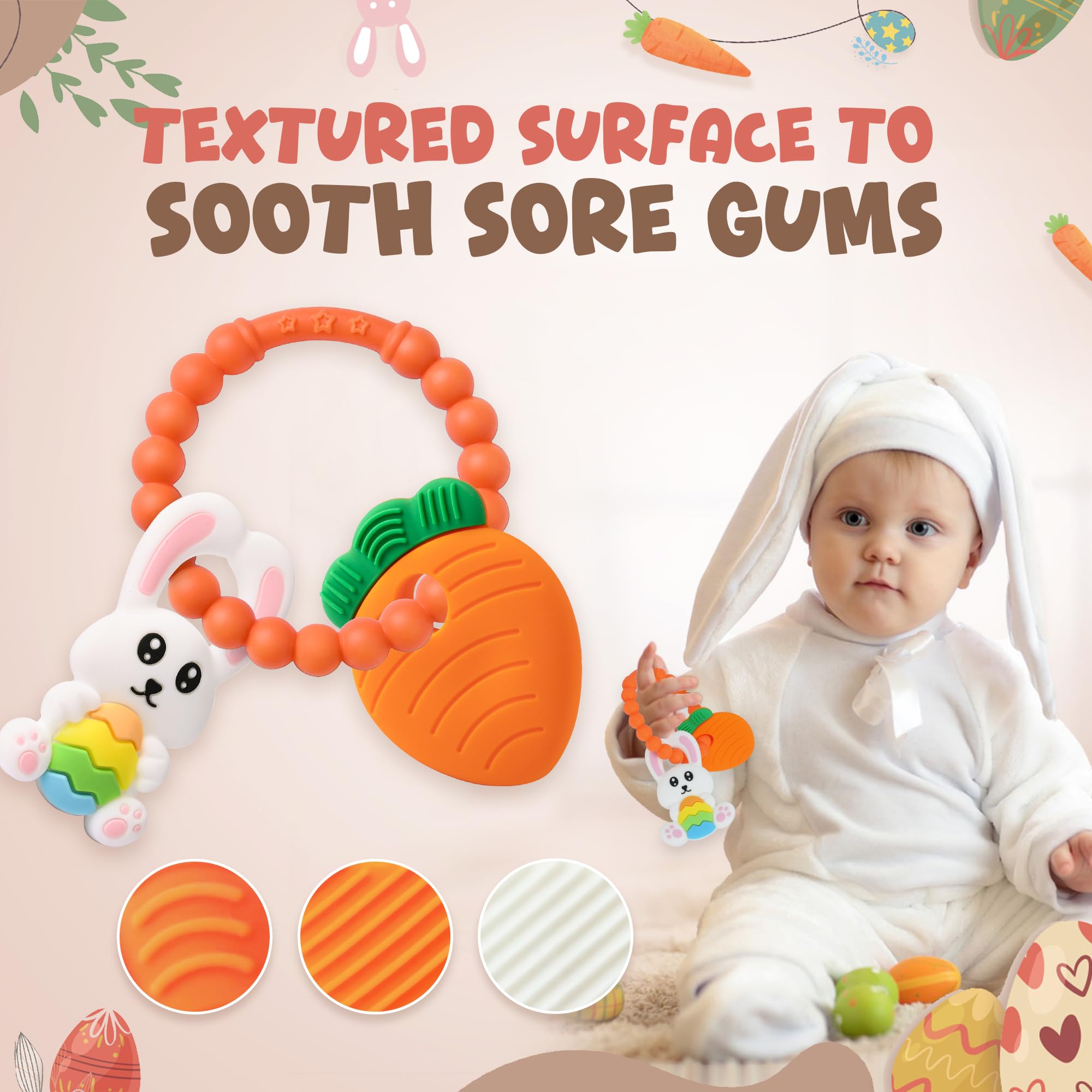 Cozzymore bunny teether featuring ridges for gum relief