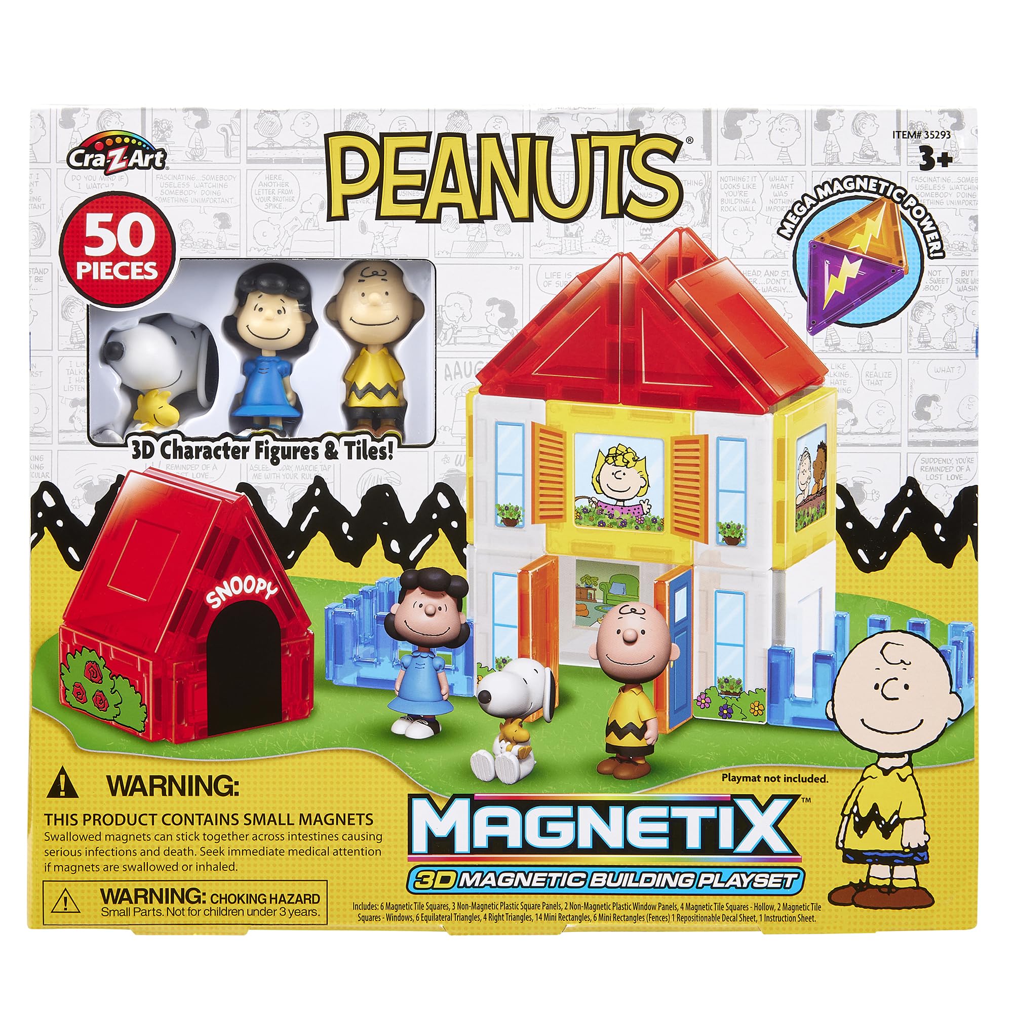 Cra-Z-Art Magnetix Peanuts Charlie Brown house tile set showing vibrant, durable building pieces