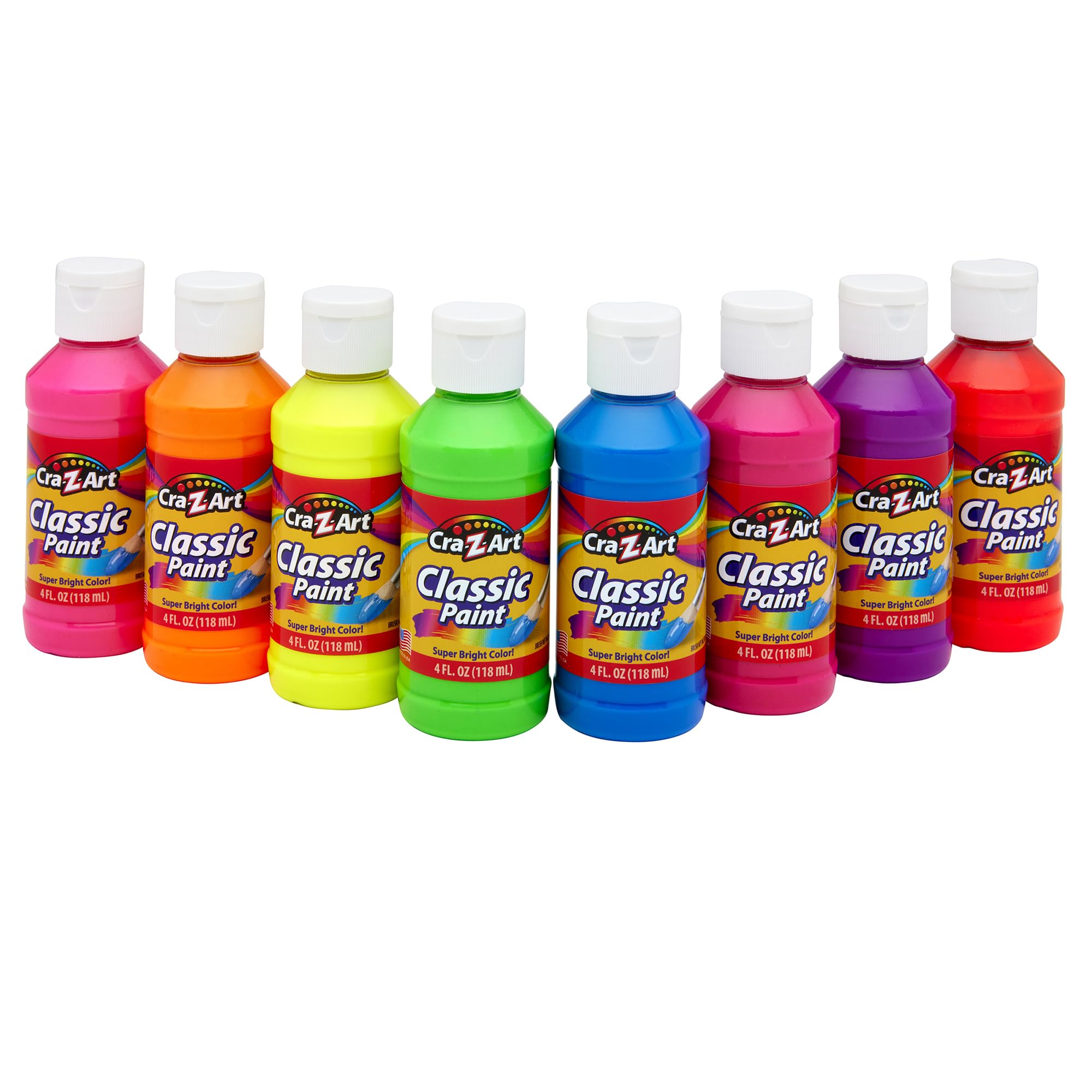 Cra-Z-Art Washable Neon Paint 4oz bottle shows bright, mess-free color for kids' crafts.