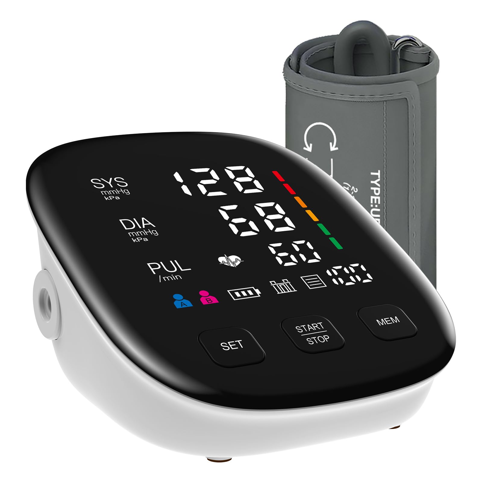 CRABCLAW blood pressure monitor display with color-coded readouts for home checks