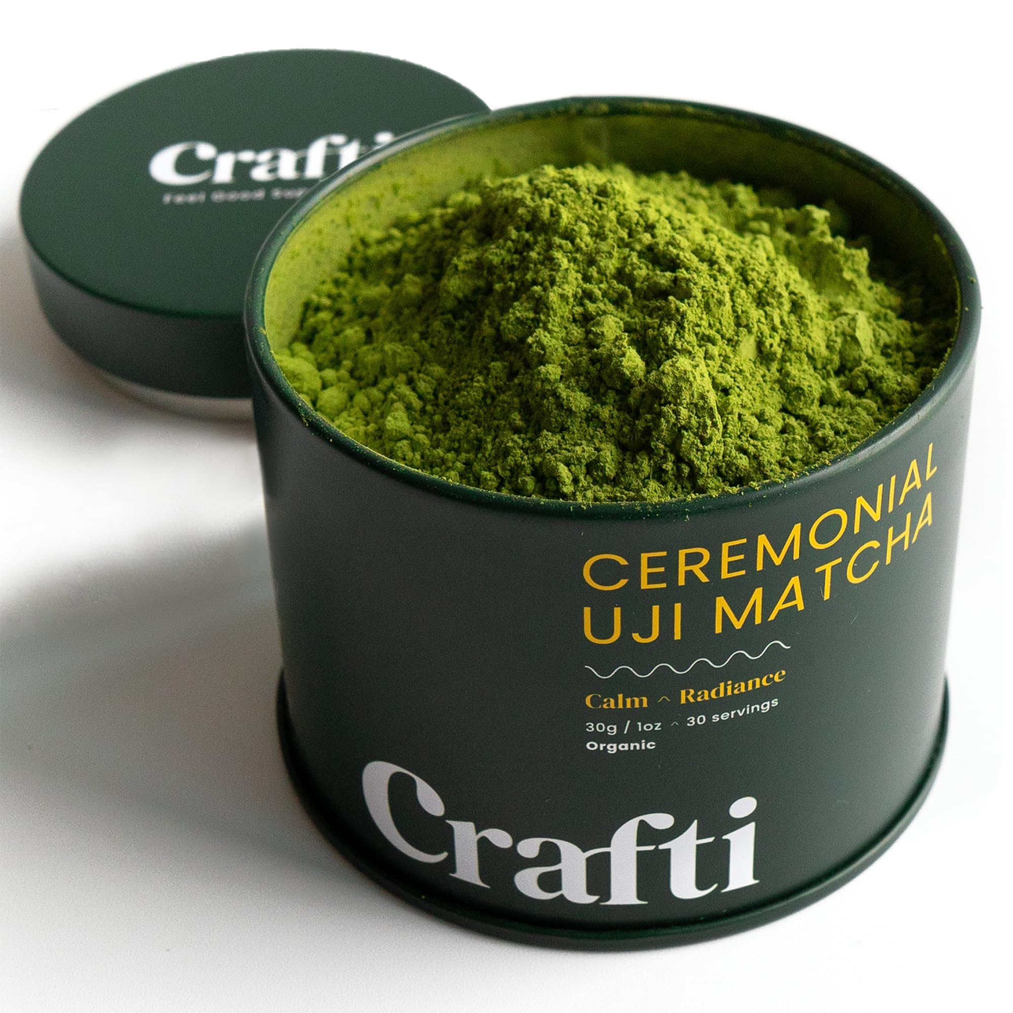 Crafti ceremonial matcha powder jar closeup ideal for premium lattes.