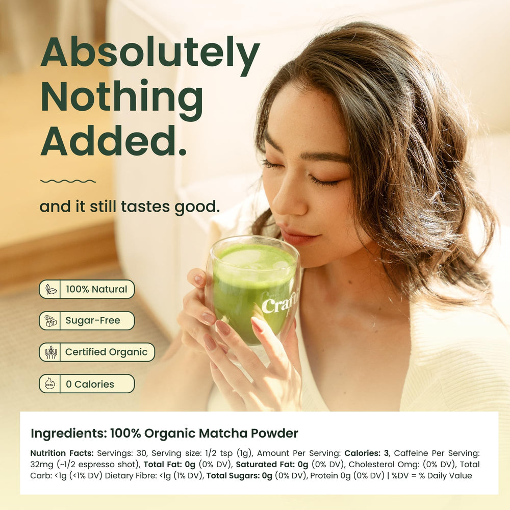 Crafti Kyoto Uji matcha packaging emphasizing premium origin.