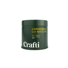 Crafti organic ceremonial matcha label highlighting purity and sourcing.