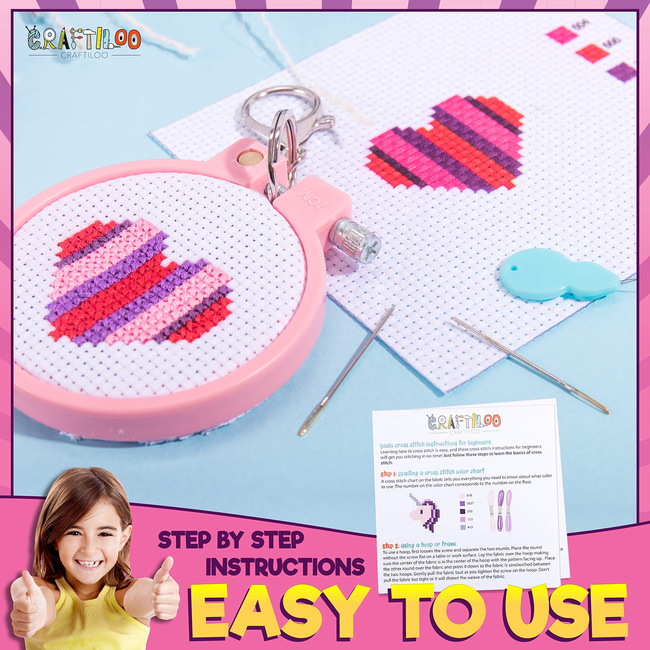 CRAFTILOO cross stitch kit instruction booklet guides easy step-by-step stitching.