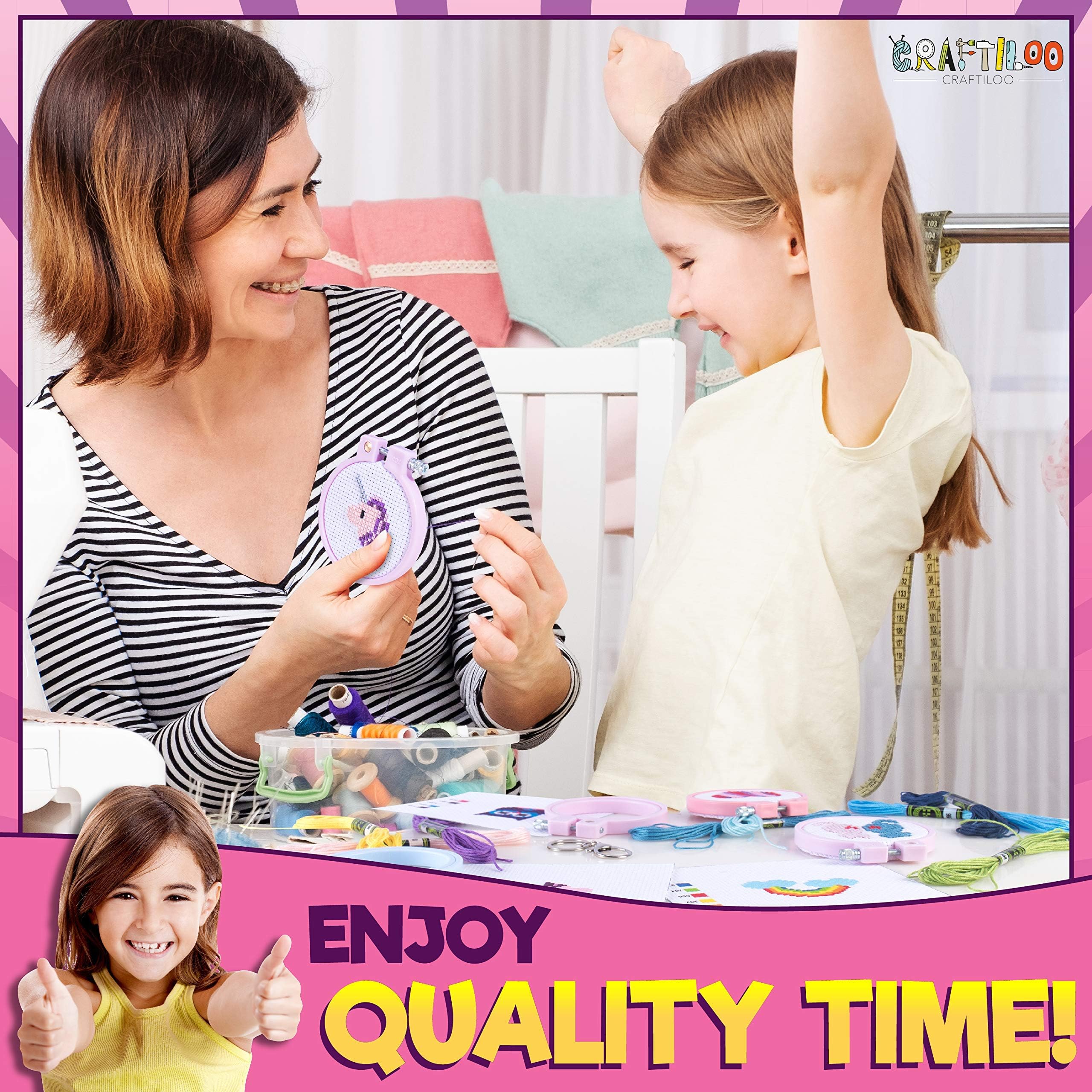 CRAFTILOO cross stitch kit with rainbow design cultivates patience during learning.