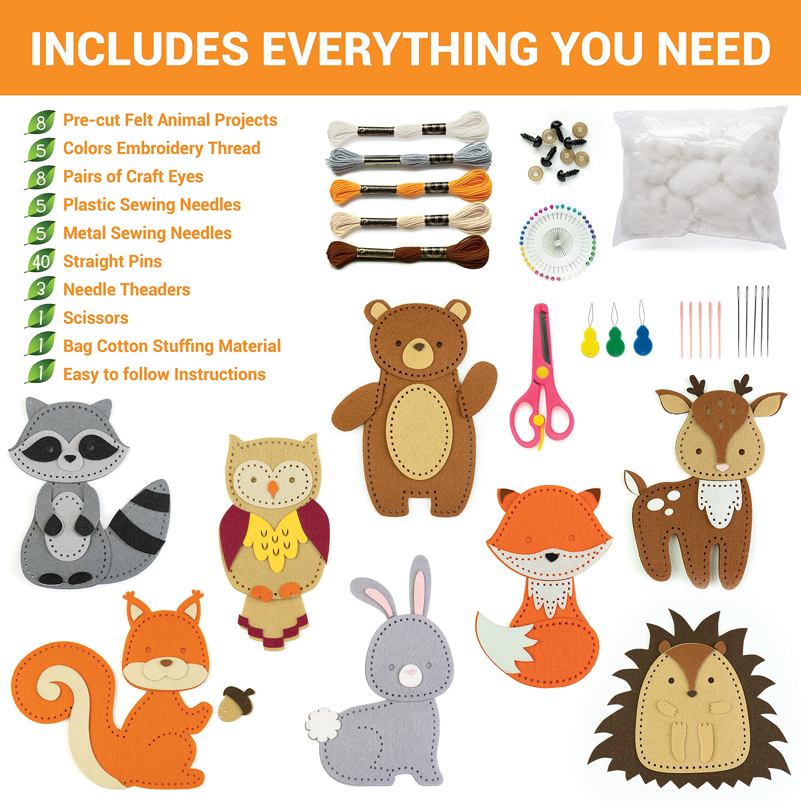 Craftorama Sewing Kit for Kids eight-precut-felt-projects enables easy, neat stitching for beginners.