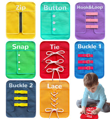 Craftstory Busy Board showing shoe tying practice for fine motor skills