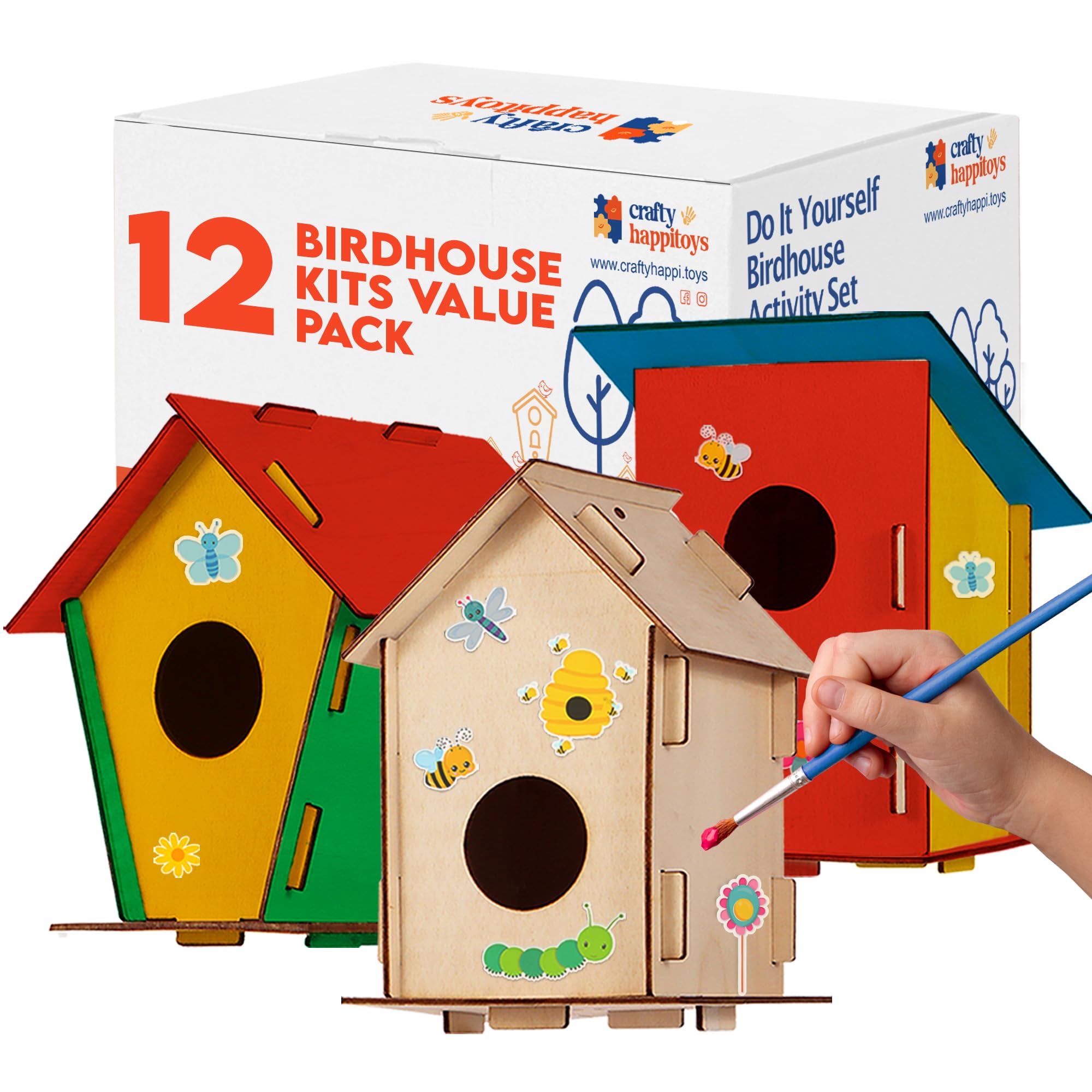 Crafty Happitooys wooden bird house kit ready for painting in a classroom setting