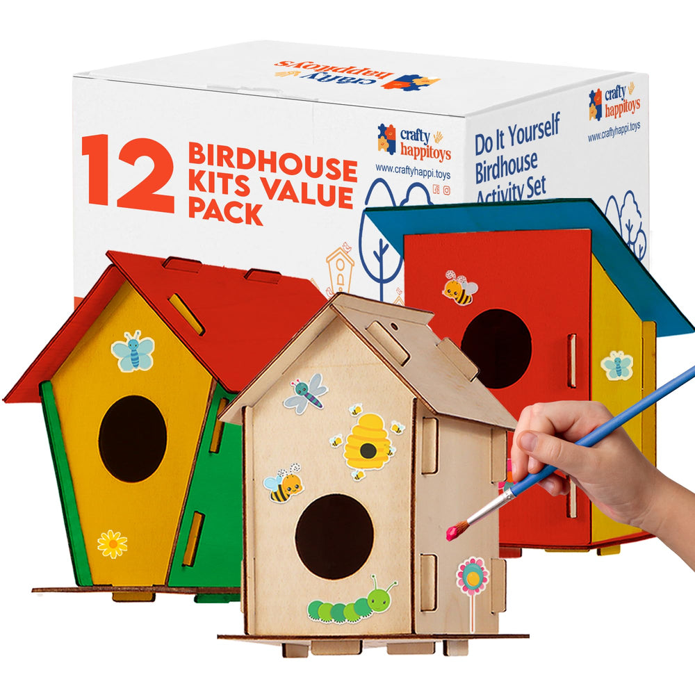 Crafty Happitooys wooden bird house kit ready for painting in a classroom setting