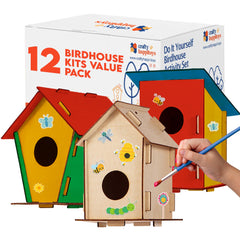 Crafty Happitooys wooden bird house kit ready for painting in a classroom setting