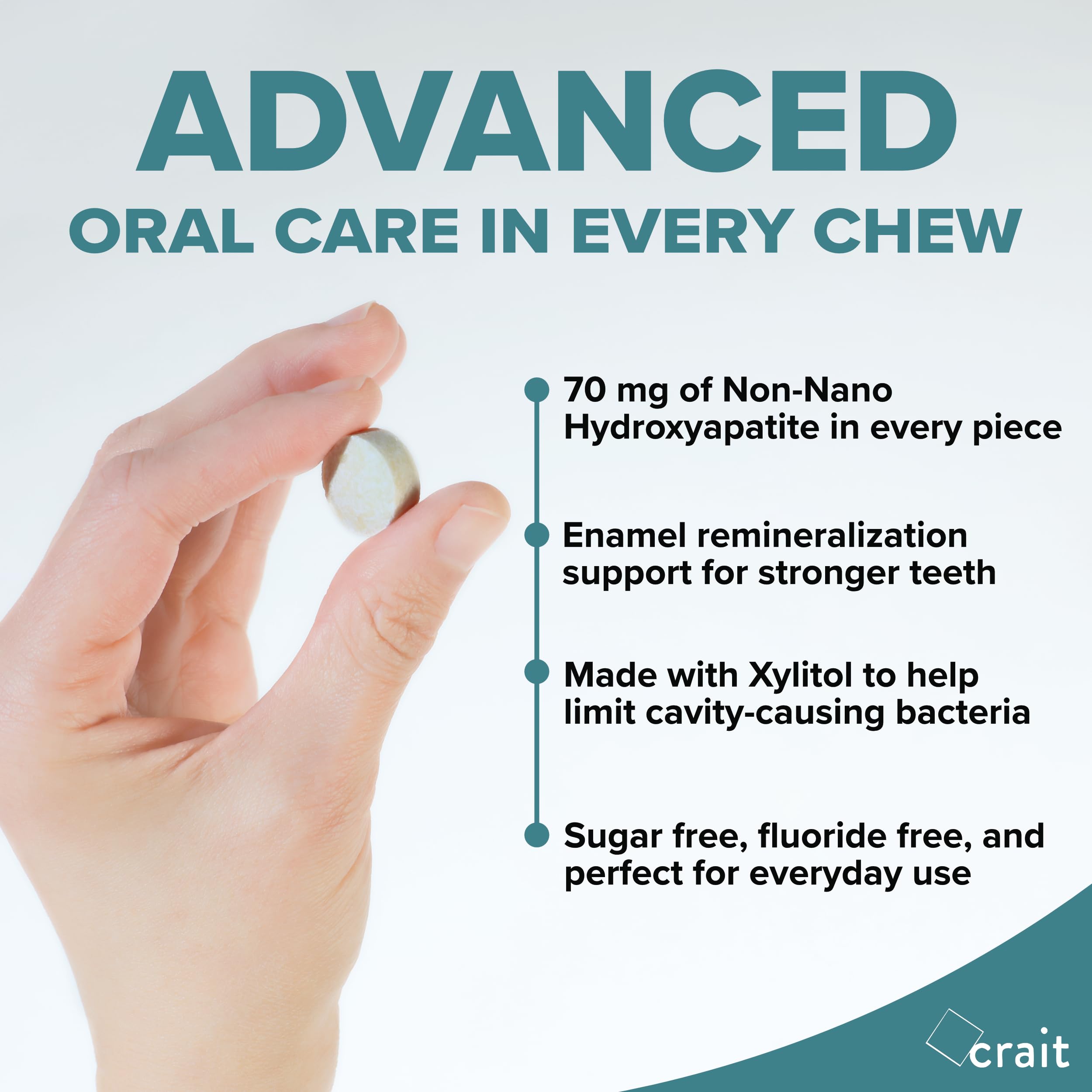 Crait ingredient panel highlights non-nano hydroxyapatite and xylitol for dental wellness.