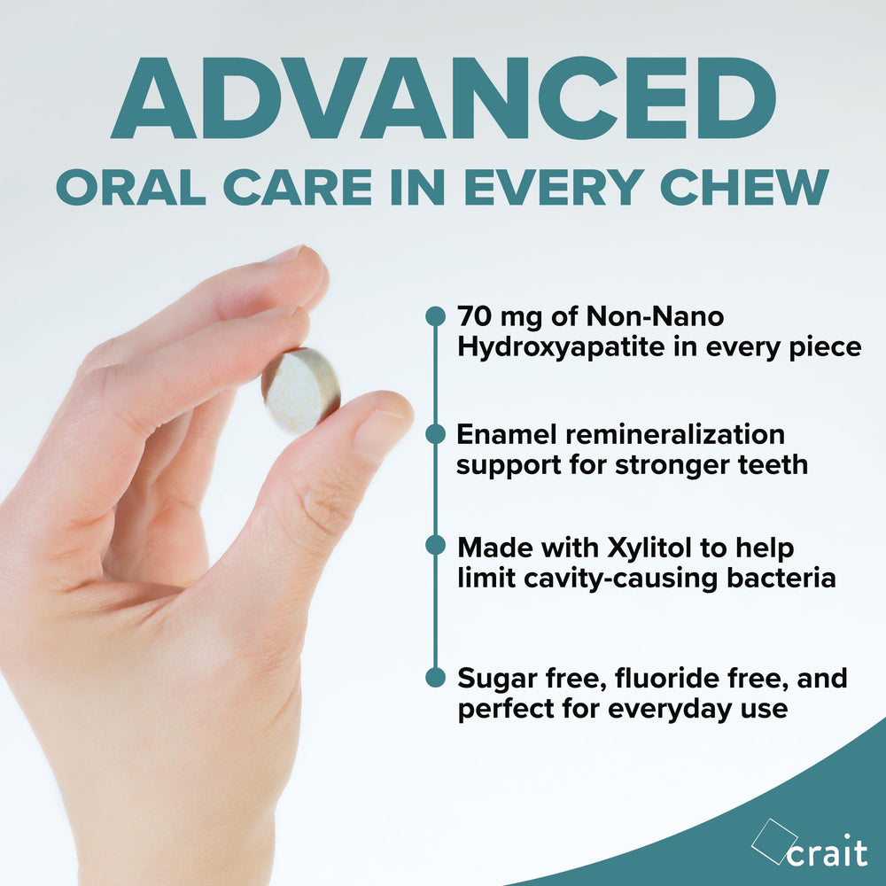 Crait ingredient panel highlights non-nano hydroxyapatite and xylitol for dental wellness.