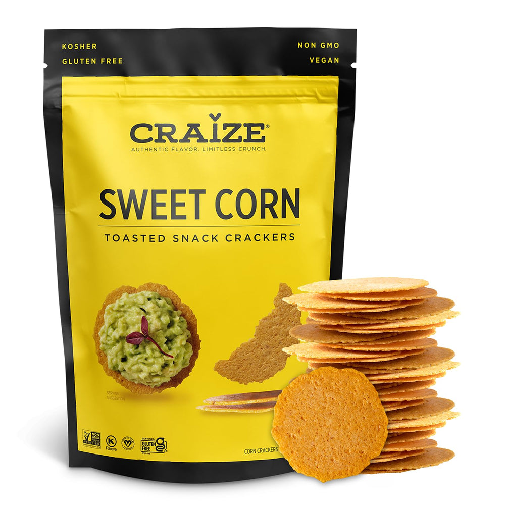 Craize Sweet Corn Crisps bag shown, gluten-free and vegan snack option