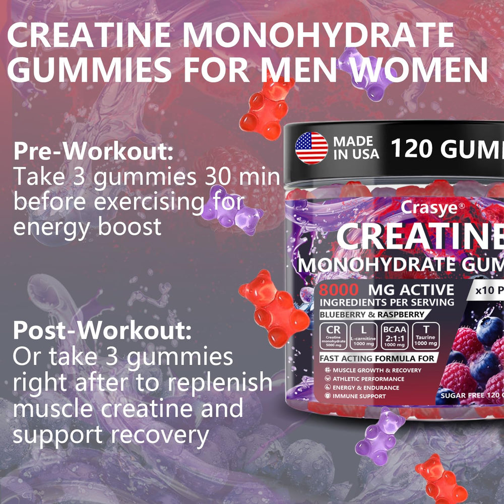 Crasye Creatine bottle open with gummies ready for pre-workout boosts