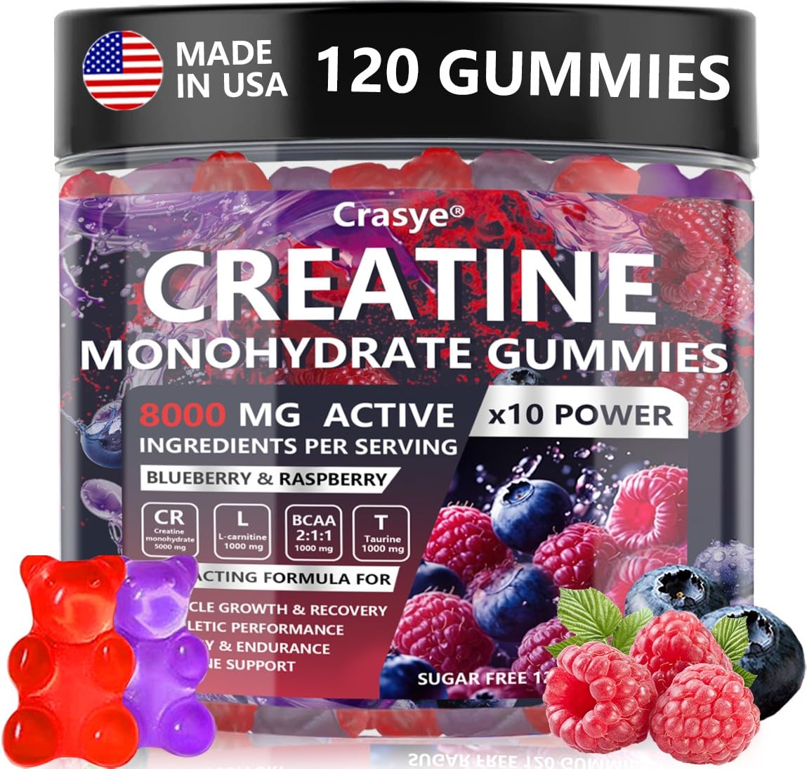 Crasye Creatine Gummies bottle front shows berry flavor for workouts