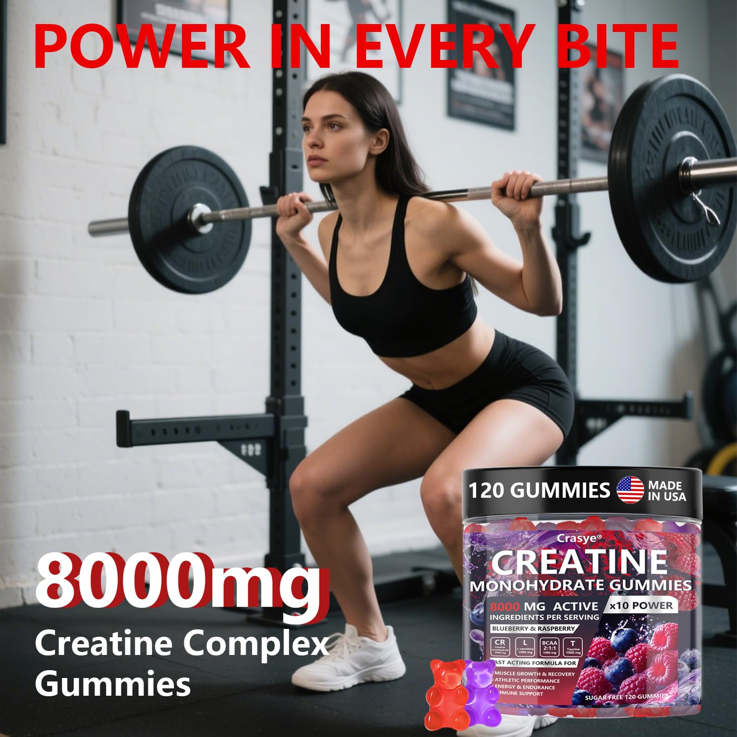 Crasye Creatine Gummies ingredients icons show non-GMO vegan qualities