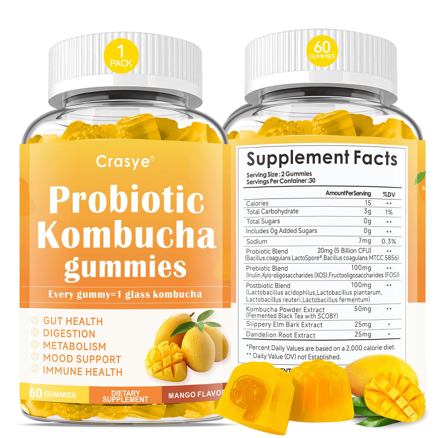 Crasye Probiotic Kombucha Gummies bottle featuring mango flavor for daily digestive support.