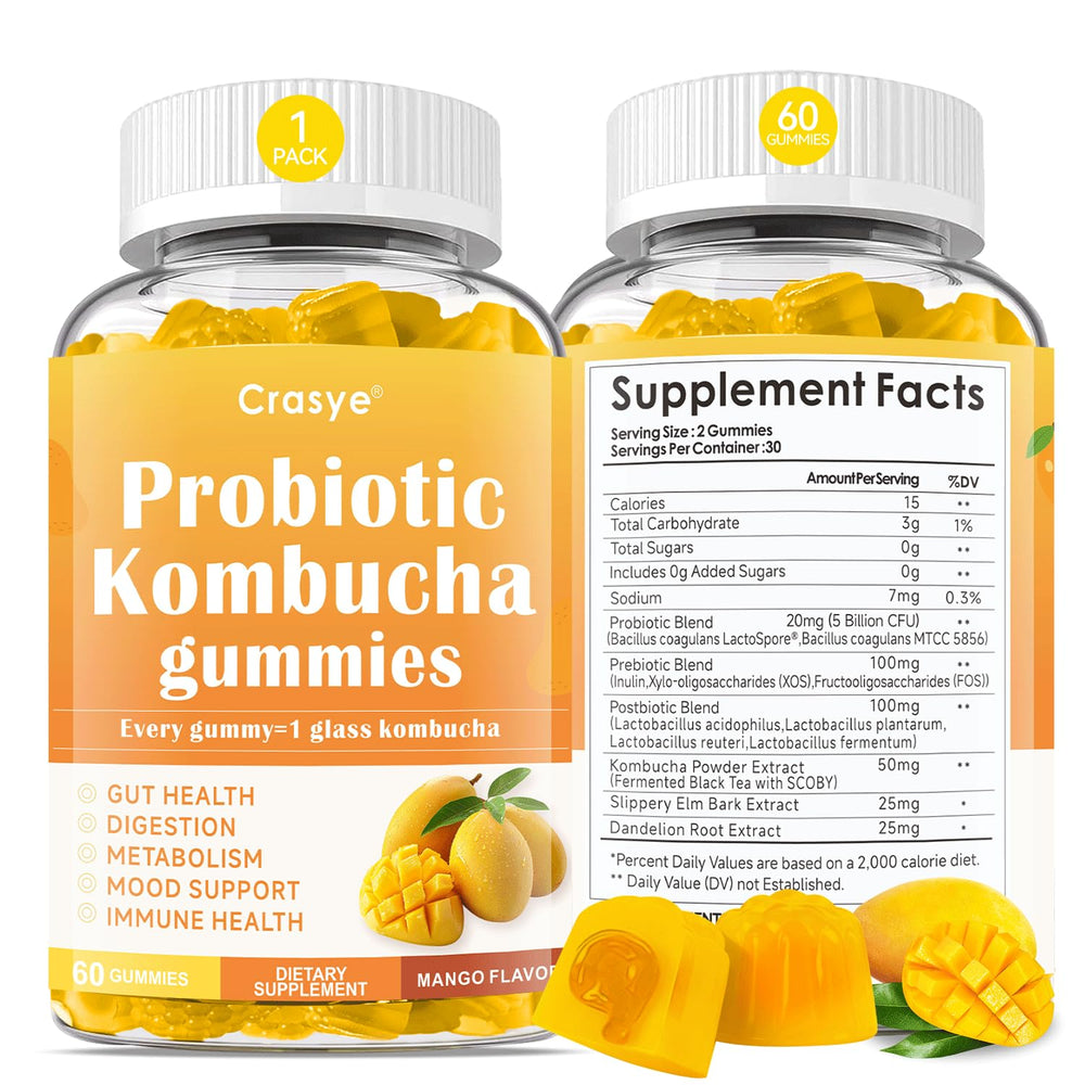Crasye Probiotic Kombucha Gummies bottle featuring mango flavor for daily digestive support.