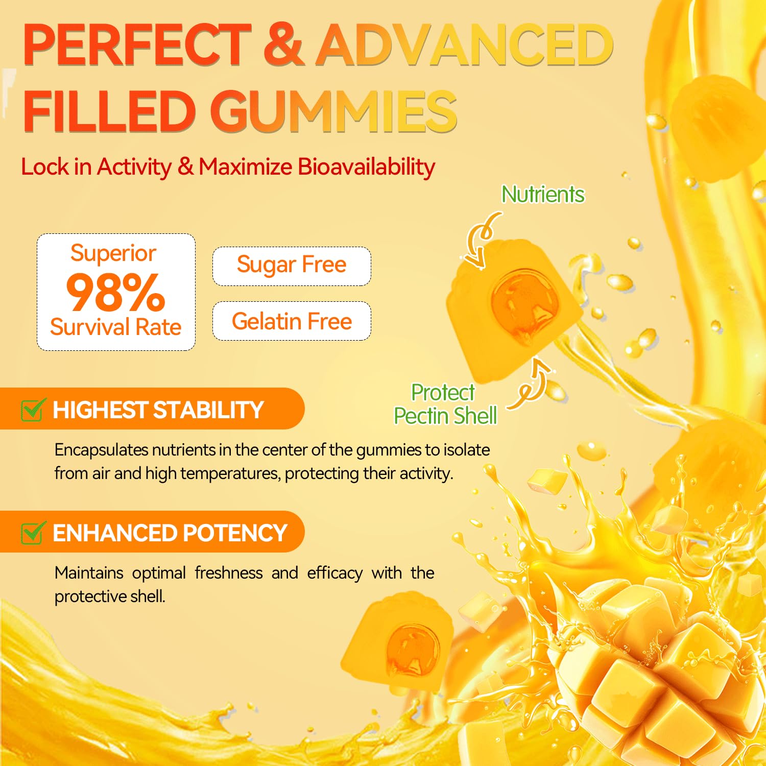 Crasye Probiotic Kombucha Gummies closeup highlight mango taste and chewy texture.