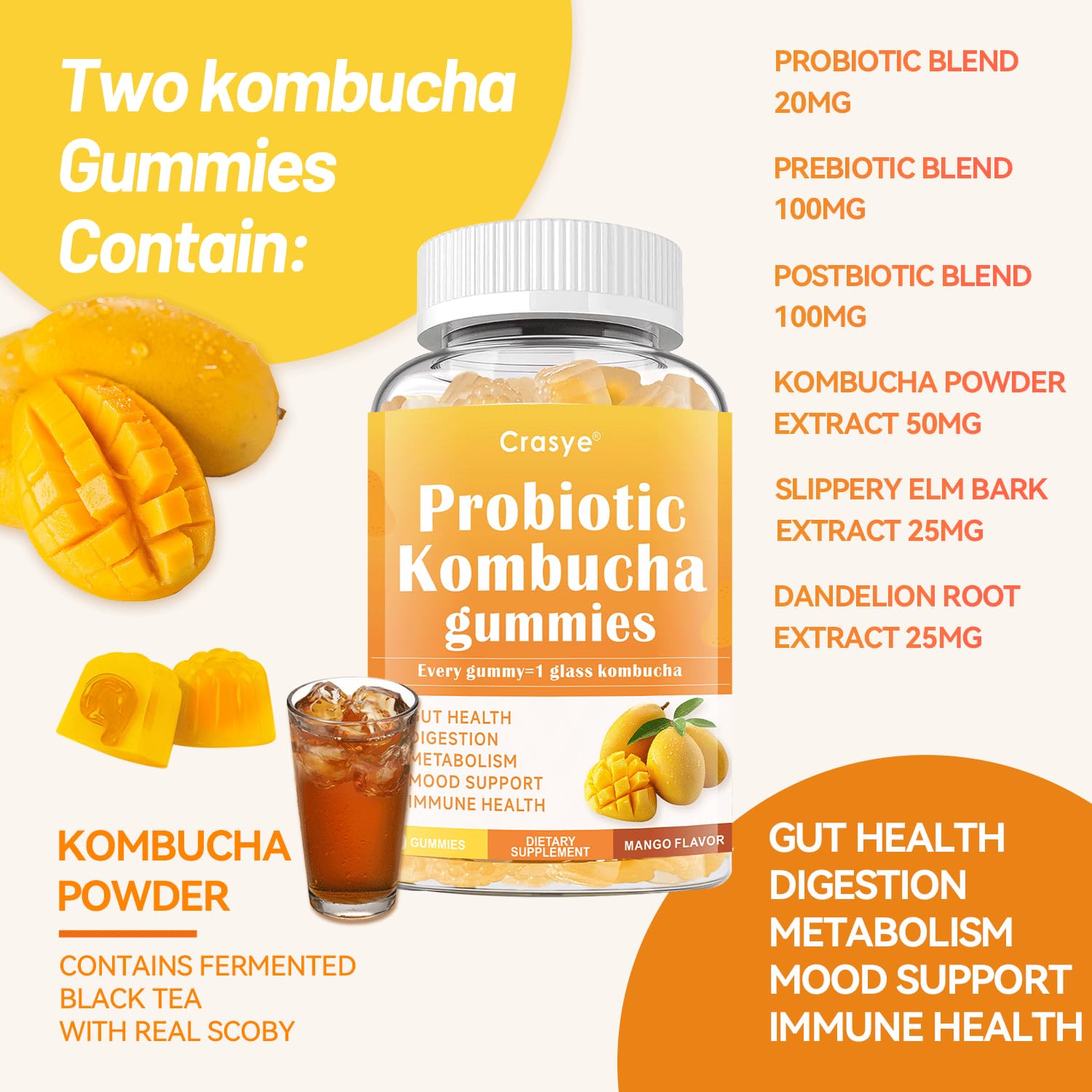Crasye Probiotic Kombucha Gummies ingredients panel lists slippery elm and dandelion root.
