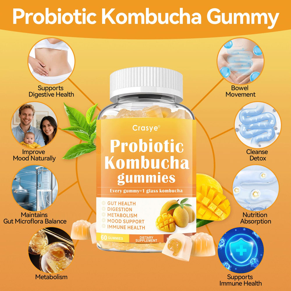 Crasye Probiotic Kombucha Gummies packaging highlights vegan, sugar-free formula.