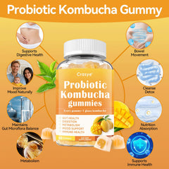 Crasye Probiotic Kombucha Gummies packaging highlights vegan, sugar-free formula.