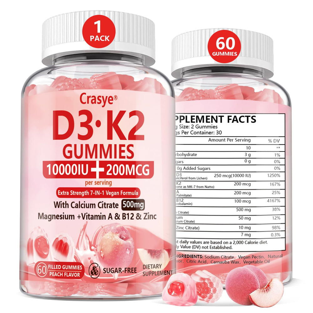 Crasye Vitamin D3 K2 Gummies peach bottle suggesting bone-supporting daily use.