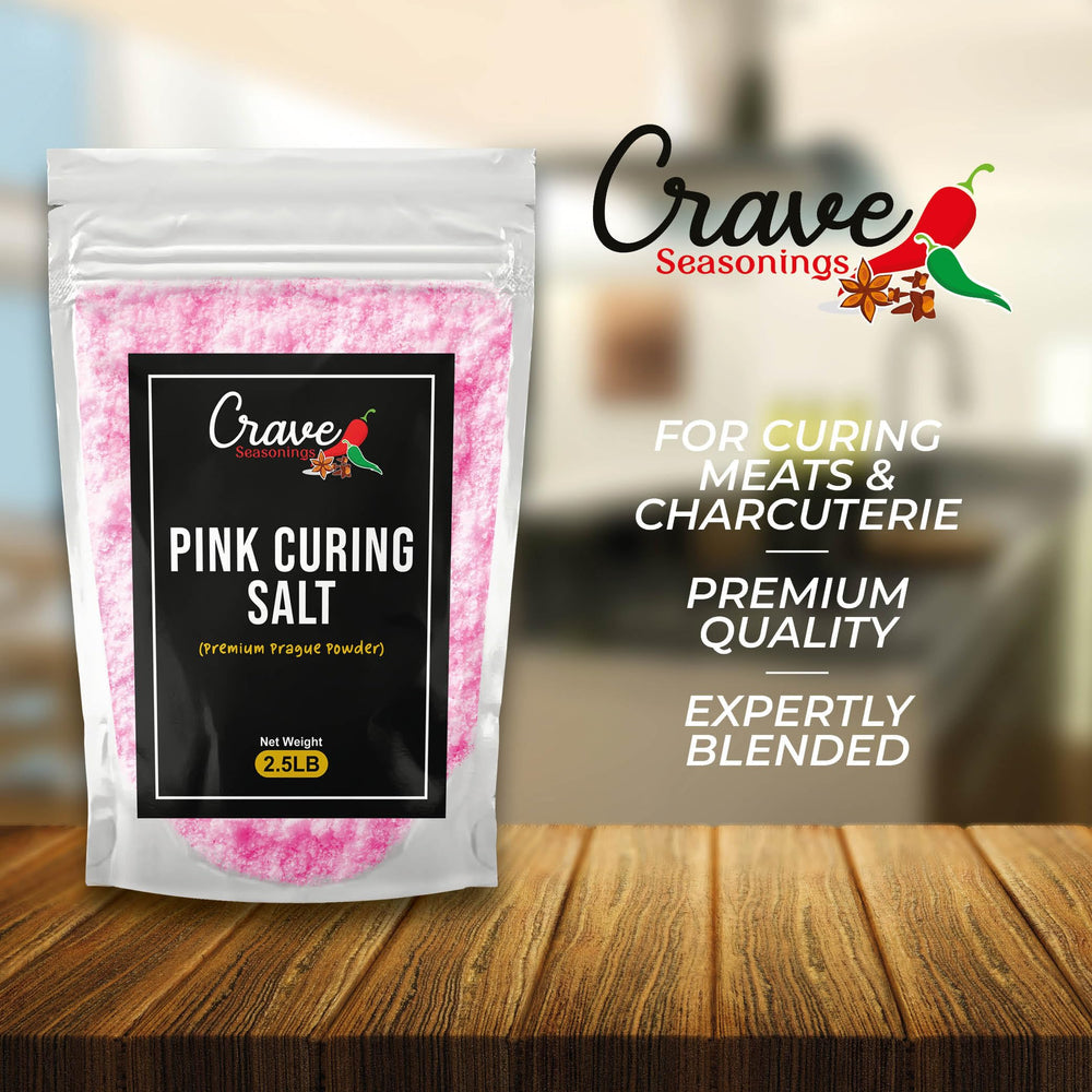 Crave Pink Curing Salt #1 jar pour shows easy-measure usage and color distinction